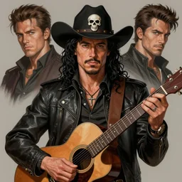 illustration of a handsome!! man resembling robert downey jr with long black curly hair + tan skin + anchor goatee, guitar | wearing a cowboy hat with a skull emblem | art by hirohiko araki & jean giraud & artgerm & jack kirby | artstation, character design, concept art, full body, digital painting | intricate, high detail, smooth, sharp focus