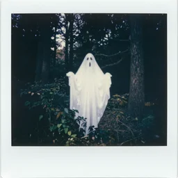 1960s art of ghost in magic forest, polaroid, kodak, film grain
