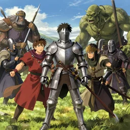 a beautiful medieval battle between Knight and Templar against the Orcs, in anime style highly detailed by Raphael Lacoste, greg rutkowski, makoto shinkai