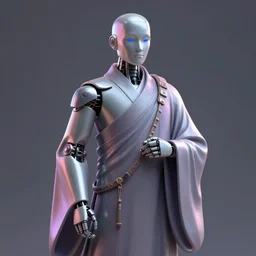 a robot monk wearing a flowing cloak, vaporwave aesthetic, 3 d render, octane, zbrush, painting, artstation, concept art, smooth, sharp focus, illustration, art by artgerm and greg rutkowski and alphonse mucha