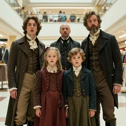 sharp, highly detailed, 8k film, frame scan from a sci fi blockbuster color movie made in 2019, a family of four time travelers from 1860 travel in time to 2019, appearing in a shopping mall, looking surprised, the family are all wearing 1860s era clothes, good lighting, in focus, cinematic still, professional high quality scan, in focus, 35mm f/1.4L lens