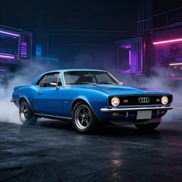 blue audi camaro b 1 ( 1 9 6 9 ) drifting, phonk music background, dark