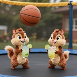 alvin and the chipmunks on a trampoline playing basketball while drinking margaritas, 4 k