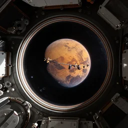 Inside the international space station looking out a cupola window to see Mars looming in space. 4K.