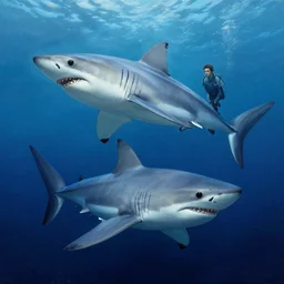 a dream fantasy painting of ( white shark ) and a man, in the deep, by antonio j. manzanedo, trending on artstation, deviantart, photorealism