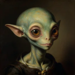 a close - up rococo portrait of an alien spriggan creature with big eyes. dark surroundings. 1 8 th century science fiction fantasy painting by jean - honore fragonard, moebius, and stanislaw fernandes.