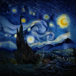 Starry Night on a post apocalyptic landscape, ultra wide angle, pincushion lens effect, dramatic, trending on artstation