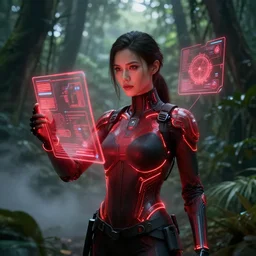 a women with nano tech hologram, red and black, cyber screens, unreal engine, glow & fog, background in the jungle, 4k