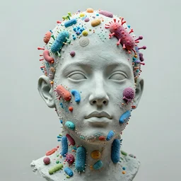 a sculpture portrait made of bacteria and virus and molecules and atoms, painting part by wojciech siudmak, part by ilya repin, part by max ernst, part by norman rockwell, artstation