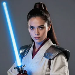 head and shoulders portrait of a female knight, jedi, robes, blue lightsaber, ana de armas, star wars, by artgerm, face detail, extremely detailed, digital manga