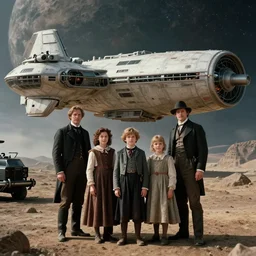 highly detailed, 256435456k film, 806400mm film still from a sci fi blockbuster color movie made in 2019, set in 1860, of a family standing in front of a spaceship that has just landed on an alien planet, the family are all wearing 1860s era clothes, good lighting, good photography, ultra high definition