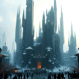 a city built by powerful magic, a city of black obsidian crystal thin towers, different levels, organic crystal - like architecture, obsidian glass, snow, marchand and crowd in the street, scenic view of a plaza, dark fantasy, by craig mullins and raphael lacoste, cinematic and dramatic lighting
