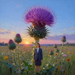 giant thistle flower as head, a girl in a suit in a field of flowers, surreal photography, sunrise, blue sky, dramatic light, impressionist painting, digital painting, artstation, simon stalenhag