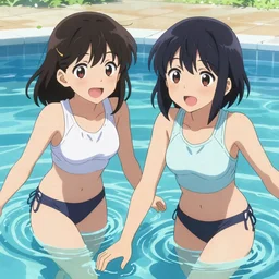 An illustration of two tank top-clad girls as ToLoveRu, light skin, playing at swiming pool, japanese high school, digital painting, comic book's cover, highly detailed, sharp focus, uncolored comics, art by Yabuki Kentarou, trending on Pixiv.