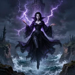 a hyperdetailed matte painting of a goth vampire sorceress floating in front of a tower, crackling lighting magic, overlooking cliffs and crashing waves in the background, highly detailed, deep focus, elegant, digital painting, sharp focus, ultra realistic, 8 k, art by greg rutkowski and rembrandt and alphonse mucha, ultrawide lens