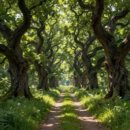 hq beautiful digital matte painting detailed forest light grassy path with stunning twisting fantasy oak trees in the summer sunshine, james gurney, constrast 8 k resolution trending on artstation