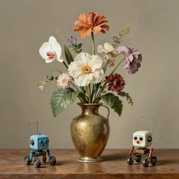 little robotic structures that look like Vase of Flowers 1722 Jan van Huysum