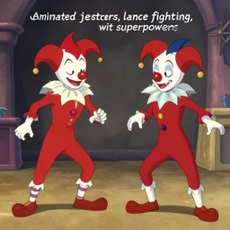 “animated jesters, lance fighting, wit superpowers”