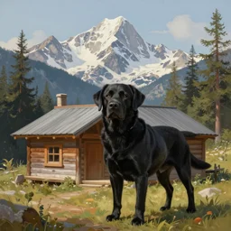 A matte painting of a black Labrador in a cabin in the mountains by Thomas Kinkade, 4k wallpaper, XF IQ4, 150MP, 50mm, F1.4, ISO 200, 1/160s, natural light
