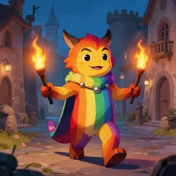 A rainbow creature walks through a medieval city, torches, vibrant colors, medieval