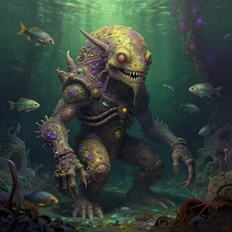 surrealistic monster on alien planet, underwater world, many fish, ornate and intricate, dim painterly lighting volumetric aquatics, by rhads, by francis bacon, 4 k, detailed, subsurface scattering, green - purple - yellow lighting, trending on pixiv