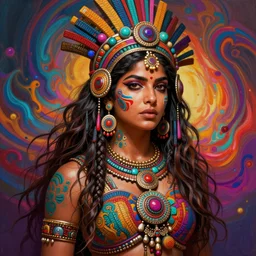 portrait of priyanka chopra, hyper detailed ultra sharp aztec shaman warrior. trending on artstation, warpaint aesthetic, bloodwave, colorful, psychedelic, ornate, intricate, digital painting, concept art, smooth, sharp focus, illustration, art by artgerm and greg rutkowski and h. r. giger, 8 k