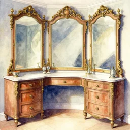 a hiper intricate watercolor of a beatiful budoir with mirror, extremely detailed, sharp focus, elegant, wide view, smooth, digital illustration, colorfull, by william turner art, by greg rutowski