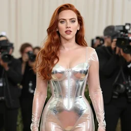 sexy  young Scarlett Johansson with long red hair wearing very tight  Translucent metallic mirror chrome latex  crazy outfit Met Gala photoshoot