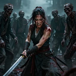 a bruised and battered woman, snarls vehemently at the growling zombies all around her. she holds the sword like a true samurai warrior as she takes her last stand against the undead horde, every muscle in her body is tensed and ready, her blood soaked hair is matted to her head and face. she is determined to fight to the death. blood, decay, dramatic camera angles, horror, heroism epic, cinematic, volumetric lighting, symmetry, fantasy style, highly - detailed, unreal 5, realism,