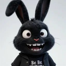 A extremely highly detailed majestic hi-res beautiful, highly detailed head and shoulders portrait of a scary terrifying, horrifying, creepy black cartoon rabbit with scary big eyes, earing a shirt laughing, lets be friends, in the style of Walt Disney