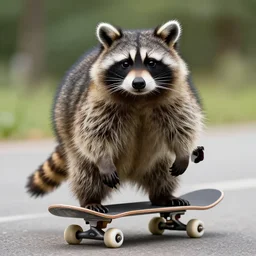 photorealistic obese raccoon on a skateboard, hd professional photography