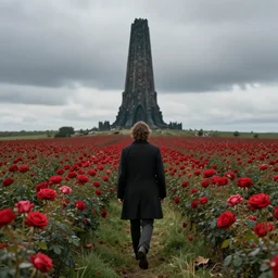 Roland Deschain walking alone in a field of red roses towards the Dark Tower in the distance, photo realistic