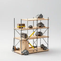 small convoluted scaffolding sculpture made with woods, steel and metal, rock details, cinder blocks, bright construction materials, ratchet straps, photorealistic, studio lighting, product photography, high octane, higly detailed, minimalist, made with unreal engine, by yves tanguy, by nate boyce, by david smith, sony a 6 3 0 0, 5 0 mm fe f / 1. 8