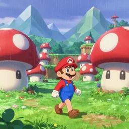 beautiful anime girl walking in rainy  mushroom kingdom themed village, super mario style, red and white spotted mushroom houses, geometric mountains in distance, landscape, anime key visual, digital art, anime screenshot, kyoto animation, makoto shinkai, trending on artstation
