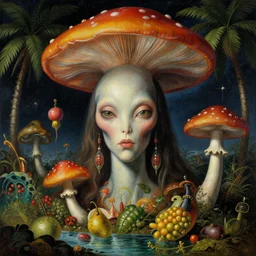 a close - up portrait of a tropical cosmic alien mushroom queen surrounded by water, colorful fruit, palm trees. surrealism. night background. highly detailed science - fiction fantasy painting by norman rockwell, moebius, frank frazetta, syd mead, and stanislaw fernandes. rich colors, high contrast. renaissance masterpiece. artstation