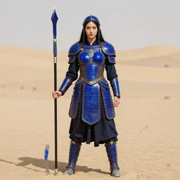full body photo of a female warrior with lapis lazuli armour and weapons