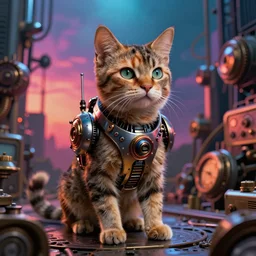 a cyborg cat of the apocalypse. steampunk. hyperealistic very colourful hdr cinematic lighting cgi render photorealistic cinematic octane render