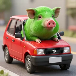 a green pig is sitting in a red Suzuki, realistic, award winning photo