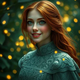 young woman, smiling amazed, firefly lights, full covering intricate detailed dress, amidst nature, long red hair, precise linework, accurate green eyes, small nose with freckles, beautiful oval shape face, empathic, expressive emotions, dramatic lights, hyper realistic ultrafine art by artemisia gentileschi, jessica rossier, boris vallejo