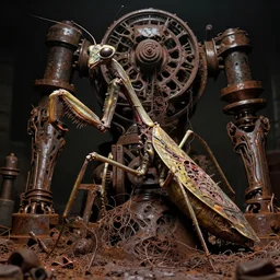 movie still of hell mantis, intricatly macerated by age, sentient, dethroned goliath machine, blood turbines, hydrocracking, rusted, macerated, eviscerated by fimbria wires, bicornate fungal pitted, rotten brass sheen, by alberto bontempi, shigeru komatsuzaki, wayne d barlowe, alex ross,