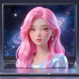 of a holographic image of a 3 d girl with 2 d water pink hair in the universe inside a computer