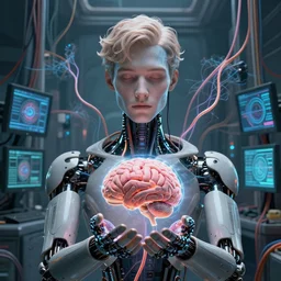 symmetric, a dreamy male android holding a brain and neurons, in a room full of wires and computers and neural networks, realistic face, zoomed out, sci - fi, ai, 4 k realistic, artem demura. alphonse mucha. rafael.