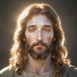 Jesus the Son of God, asymmetrical face, ethereal volumetric light, sharp focus