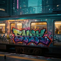 graffiti painted on a train in a cyberpunk city, cinematic shot