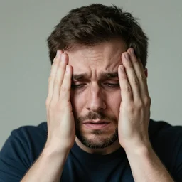 the photo of a man with a very expressive face of remorse