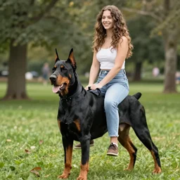 girl riding a giant doberman in the park