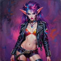 portrait of an apocalyptic demonic goblin witch biker babe character, curvy body, cool pose, psychedelic vibrant colors, futuristic punk rock fashion, oil painting by michael whelan art, sharp focus, realistic, detailed eyes, 8 0 s hair, studded leather jacket, 8 k, artgerm