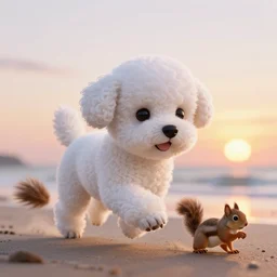 a photorealistic image of a knitted white bichon puppy chasing a squirrel across beach during sunset Trending on artstation, featured on Behance, well-rendered, Unreal Engine, 4K HD