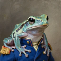 a head - and - shoulders portrait of an amazon milk frog wearing a blue colonial military uniform looking off camera, an american romanticism painting, oil on canvas, cgsociety, soft focus