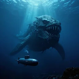 environment under the ocean, a huge monster of the deep emerges out of the darkness of the deep ocean waters to attack a small submarine, Beksiński, horror, eerie lighting, god rays